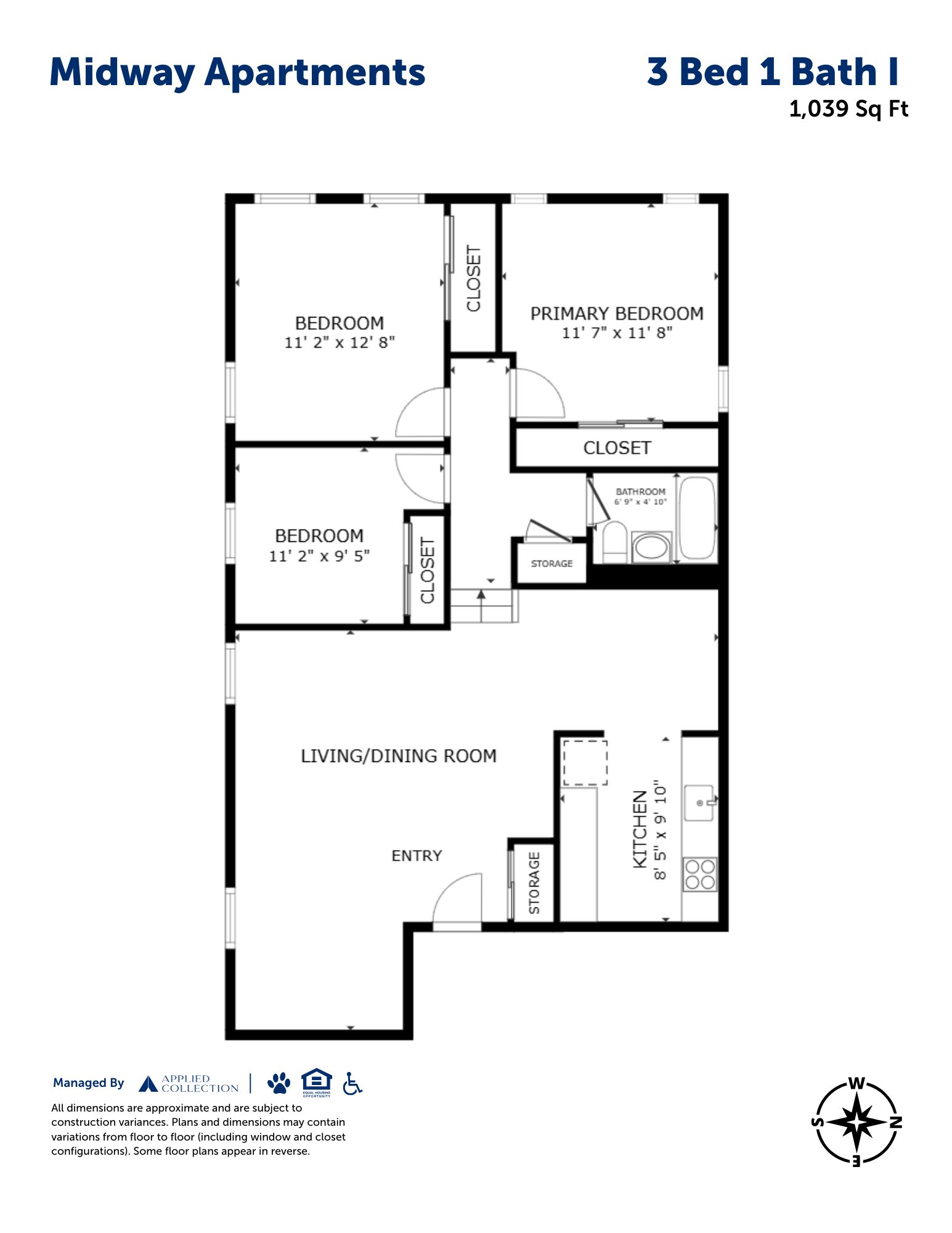 Floor plan for 3 beds, 1 bath, 1238 sqft